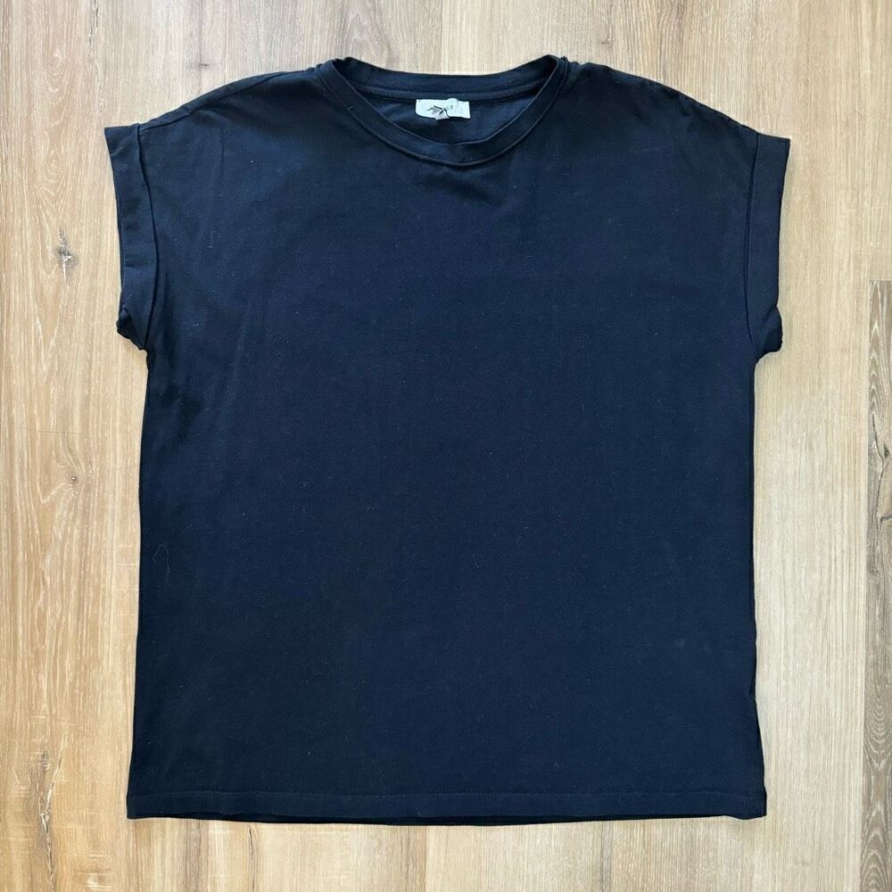 Reiss Women's M Tereza Cotton Jersey Crew Neck Tee Black Cuff Sleeve Minimalist